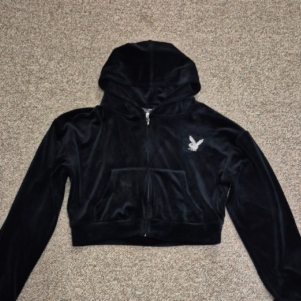 PLAYBOY Black Velour Hooded Zip Jacket with Embroidered Bunny